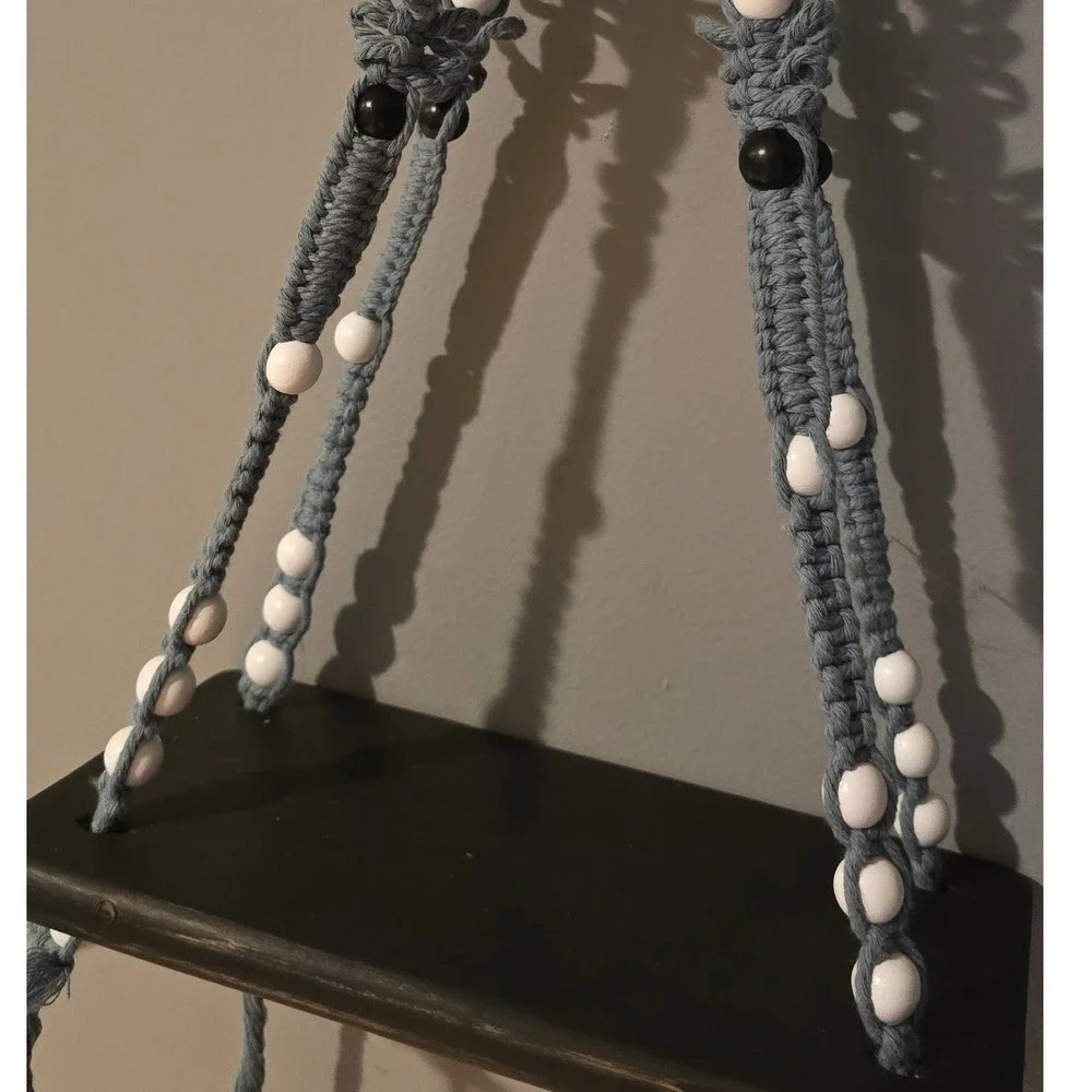 Handmade Macrame Hanging Wall Shelf Blue Beaded Boho Wood Floating Display